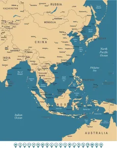 World Prints: East Asia Map Beige Sea Blue Print
