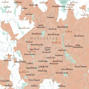 Prints of MA Worcester Vector Road Map. All source data is in the public domain. U.S. Census Bureau Census Tiger. Used Layers: areawater, linearwater, roads, rails, cousub, pointlm, uac10 Images Dated 2021 April: Worcester, MA Vector Road Map Print