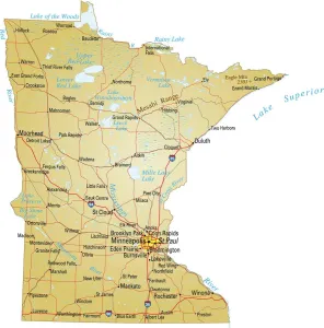 Prints of Vector illustration of map of Minnesota with major roads, rivers and lakes Nesophontidae Prints: Minnesota Reference Map Print Vector Illustration