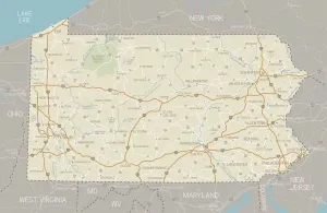 Prints of A detailed map of Pennsylvania state with cities, roads, major rivers, and lakes. Includes neighboring states and surrounding water Nesophontidae Prints: Pennsylvania Map Print: Detailed Reference Map
