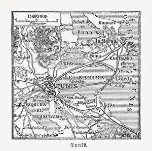 Map of Tunis and surroundings, Tunisia, wood engraving, published 1897