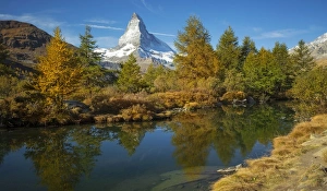 <b class=qtipBold><figcaption>Matterhorn in Fall</figcaption></b><br>Larch forests surround the small lake of Grindjisee as the Matterhorn looms above in Zermatt, Switzerland.<br><em>© 2016 Chase Dekker Wild-Life Images</em> Matterhorn in Fall