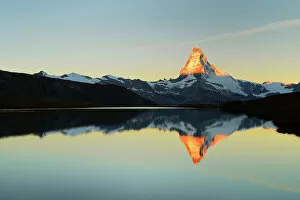 High Mountain Range Gallery: Matterhorn reflected in lake Stellisee, at sunrise, Valais Alps, Canton of Valais, Zermatt