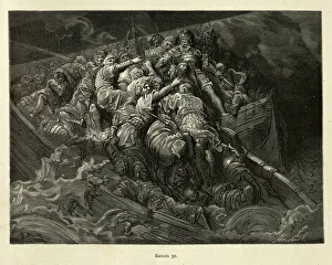 Medieval sailors scrambling to get off a sinking ship Medieval sailors scrambling to get off a sinking ship