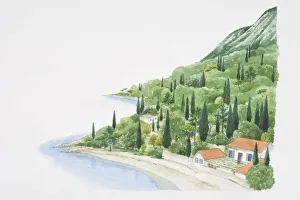 Mediterranean landscape showing house on beach at bottom of wooded hillside Mediterranean landscape showing house on beach at bottom of wooded hillside