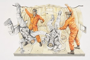 Two men in astronaut suits upside down being watched by two men in orange suits Two men in astronaut suits upside down being watched by two men in orange suits
