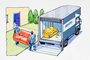 Two men carrying sofa towards removal van Two men carrying sofa towards removal van
