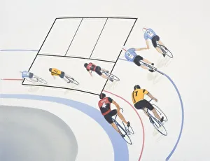 Men cycling around curve of indoor racing track, elevated view Men cycling around curve of indoor racing track, elevated view