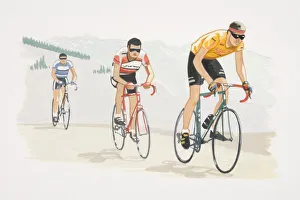 Three men cycling in mountain landscape, front view Three men cycling in mountain landscape, front view