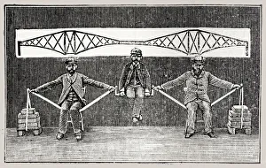 Three men demonstrating suspension bridge Three men demonstrating suspension bridge
