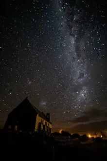 Milky Way Collection: Milky Way and Magellanic Clouds above Church