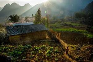 One minority child coming to a village, Vietnam One minority child coming to a village, Vietnam