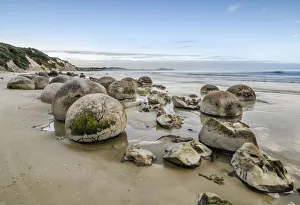 Moeraki Boulders, geological feature, round rock balls, some fragments lying broken in Moeraki Boulders, geological feature, round rock balls, some fragments lying broken in