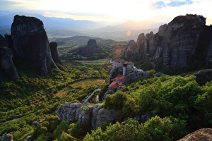 <b class=qtipBold><figcaption>Monasteries of Meteora</figcaption></b><br>The MetA©ora, litelally 'middle of the sky', 'suspended in the air' or 'in the heavens above', etymologically related to 'Meteorite', is one of the largest and most important complexes of Eastern Orthodox monasteries in Greece, second only to Mount Athos. The six monasteries are built on natural sandstone rock pillars, at the northwestern edge of the Plain of Thessaly near the Pineios river and Pindus Mountains, in central Greece. The nearest town is Kalambaka. The MetA©ora is included on the UNESCO World Heritage List. Monasteries of Meteora