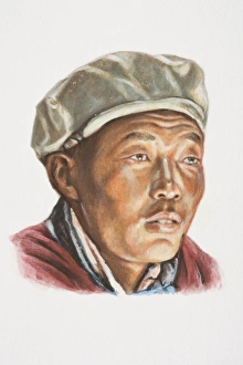 Mongolia, head of Mongol man in hat, front view Mongolia, head of Mongol man in hat, front view