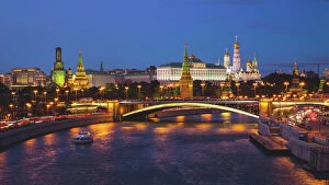 Russian Blue Gallery: Moscow Kremlin and Moskva River Illuminated at Dusk, Russia