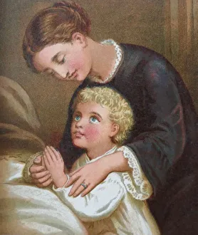 <b class=qtipBold><figcaption>Mother and son praying at bed</figcaption></b><br>Illustration from 19th century<br><em>© This content is subject to copyright.</em> Mother and son praying at bed
