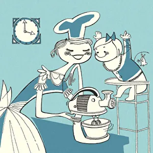 Mother Using a Mixer While Child Watches in Highchair Mother Using a Mixer While Child Watches in Highchair