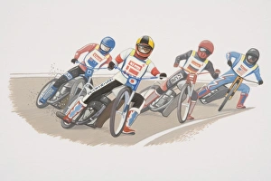 Motorcyclists racing on curved track, front view Motorcyclists racing on curved track, front view