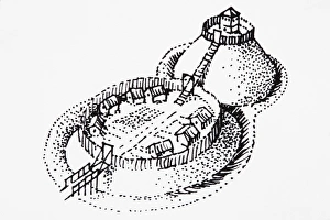 Motte and Bailey castle atop raised earth mound Motte and Bailey castle atop raised earth mound