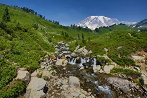 Mount Rainier and Edith Creek cascade, Mount Rainier National Park, Washington State, USA Mount Rainier and Edith Creek cascade, Mount Rainier National Park, Washington State, USA