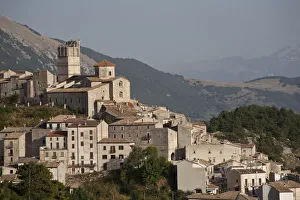 Mountain village of Castel del Monte with scaffolded tower after earthquake in 2009 Mountain village of Castel del Monte with scaffolded tower after earthquake in 2009