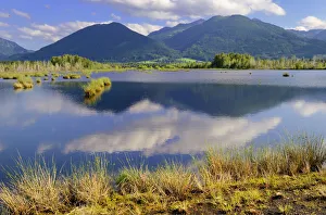 Mountains and clouds being reflected in a pond in a basin bog area, prealpine lands Mountains and clouds being reflected in a pond in a basin bog area, prealpine lands