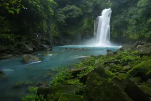 Prints of Rio Celeste is a beautiful waterfall inside the Tenorio NP in northern Costa Rica, the color on its waters is made by the mixture of volcanic minerals Travel Imagery Prints: Rio Celeste Waterfall Print, Costa Rica