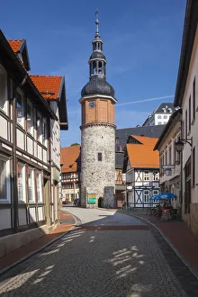 Niedergasse alley with Saigerturm tower, Stolberg im Harz, Saxony-Anhalt, Germany Niedergasse alley with Saigerturm tower, Stolberg im Harz, Saxony-Anhalt, Germany