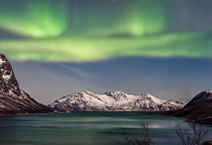 <b class=qtipBold><figcaption>A Night Dance</figcaption></b><br>Northern Lights (Aurora Borealis) over GrotfjAžrd, KvalAžya (lit. Whale Island). KvalAžya is a montainous island located in Troms county in northern Norway. Moonlit, snowcapped mountains reflected in the water.<br><em>© Krzysztof Baranowski</em> A Night Dance