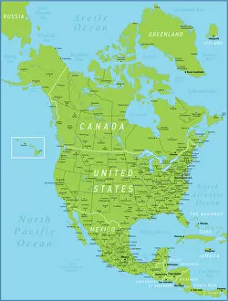 Maps Gallery: North America Green Map with United States, Canada, Mexico, geographical borders and rivers