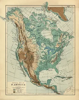 North America Physical Map, Engraving, 1892 North America Physical Map, Engraving, 1892