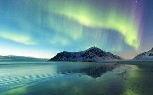 <b class=qtipBold><figcaption>Northern Lights on Skagsanden Norway</figcaption></b><br>Northern Lights illuminate Skagsanden beach and the snowy peaks. Lofoten, Arctic, Norway, Europe.<br><em>© spreephoto</em> Northern Lights on Skagsanden Norway