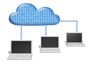 Three notebooks connected to a cloud which is filled with binary code Three notebooks connected to a cloud which is filled with binary code