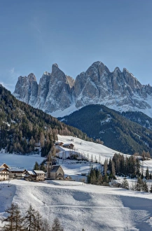 Odle mountains and the town of Santa Maddalena in Val di Funes, Dolomites, South Tyrol, Italy Odle mountains and the town of Santa Maddalena in Val di Funes, Dolomites, South Tyrol, Italy