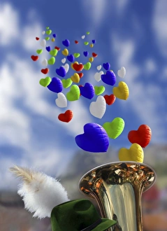 Oktoberfest mood with Bavarian brass band, feathered hat and balloons Oktoberfest mood with Bavarian brass band, feathered hat and balloons