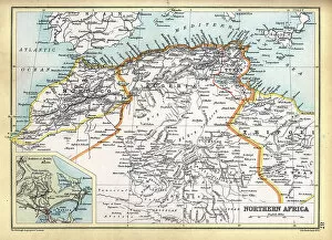 Maps Collection: Old Antique map of North Africa, Morocco, Algeria, Tunisia, Libya, detail of Tunis, 1890s