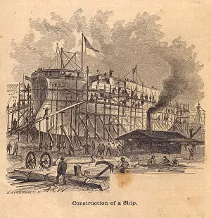 Plank Gallery: Old, Black and White Illustration of Ship Construction, From 1800's
