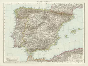Portugal Collection: Old chromolithograph map of Spain and Portugal (Iberian peninsula)
