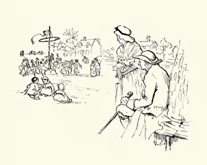 Old couple watching young folk dance around the maypole , Victorian 19th Century Old couple watching young folk dance around the maypole , Victorian 19th Century