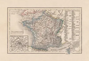 Old map of France, steel engraving, published in 1857 Old map of France, steel engraving, published in 1857