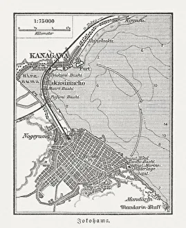 Old map of Yokohama, Japan, wood engraving, published in 1897 Old map of Yokohama, Japan, wood engraving, published in 1897