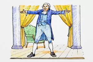 Opera singer on stage in 18th century style costume