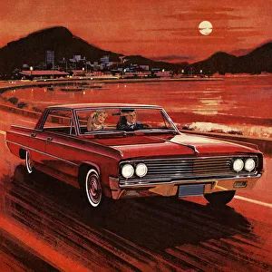 Painting of couple driving in red vintage car Painting of couple driving in red vintage car