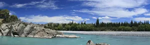 Palm trees -Arecales- and forest on the rocky banks of the Waiau River, panorama, Waiau Palm trees -Arecales- and forest on the rocky banks of the Waiau River, panorama, Waiau
