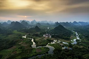 Panorama of Karst Mountain Range and Li River in Guilin, China Panorama of Karst Mountain Range and Li River in Guilin, China
