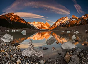 Panorama of sunrise at Cerro Torre with ice floes Panorama of sunrise at Cerro Torre with ice floes