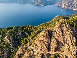Panoramic aerial view of Calanches de Piana coastline, Western Corsica Island, France Panoramic aerial view of Calanches de Piana coastline, Western Corsica Island, France