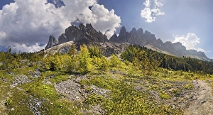 Panoramic view at the Adolf Munkel trail in the Geisler Group, Odle Mountains, Villnoess or Funes Valley, Dolomites Panoramic view at the Adolf Munkel trail in the Geisler Group, Odle Mountains, Villnoess or Funes Valley, Dolomites