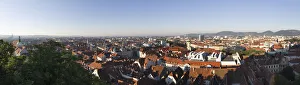 Panoramic view from Schlossberg, castle hill, cathedral, left, Town Hall, centre, Mariahilferkirche, Mariahilf Church, right, Graz, Styria, Austria, Europe, PublicGround Panoramic view from Schlossberg, castle hill, cathedral, left, Town Hall, centre, Mariahilferkirche, Mariahilf Church, right, Graz, Styria, Austria, Europe, PublicGround